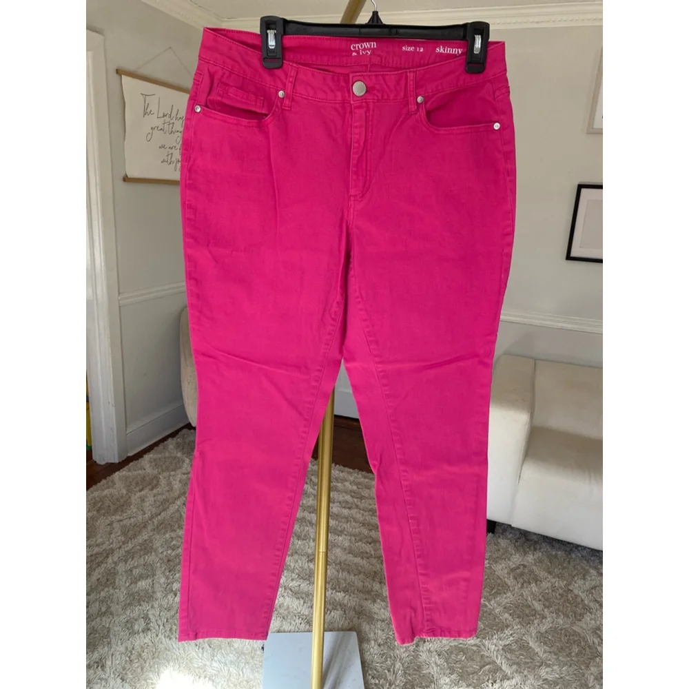 Crown & Ivy Bougainvillea Pink Skinny Jeans Pants Bright Coastal Vaca Resort Y2K - Picture 2 of 8